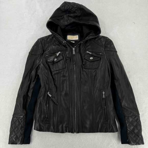 Michael Kors Women's Hooded Genuine Leather Jacket Full Zip Size Large